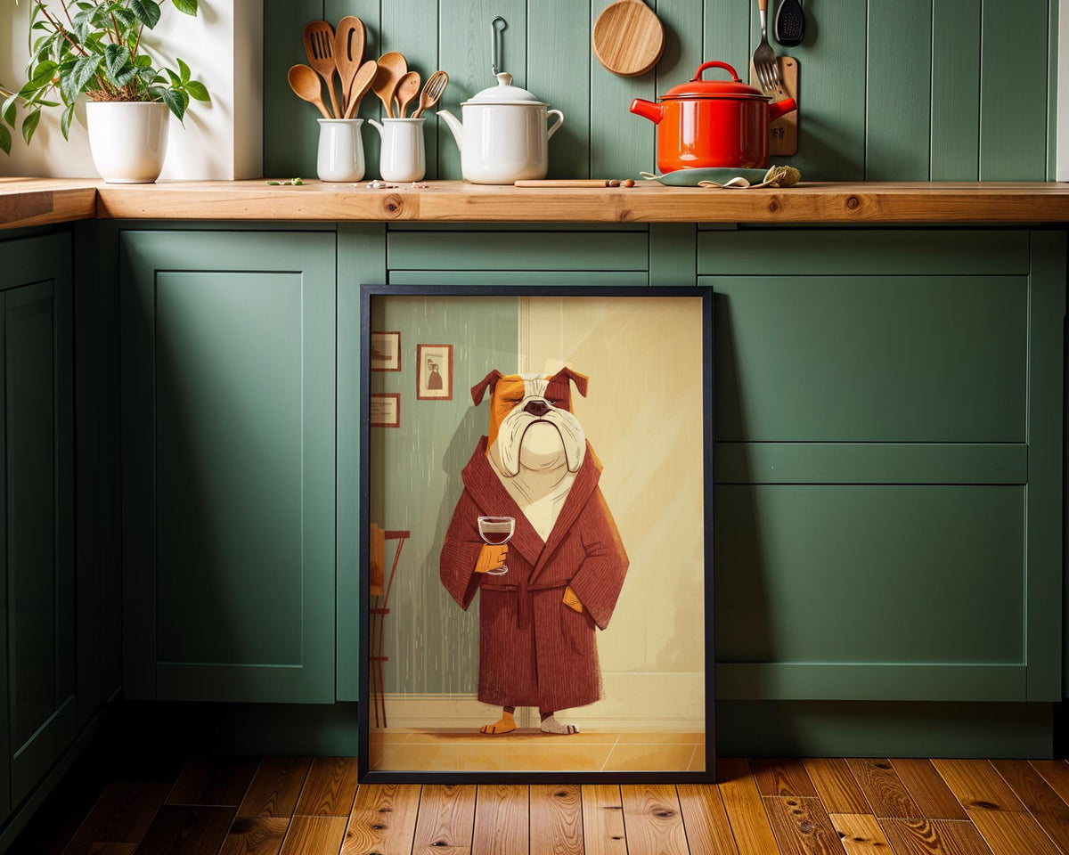 Wine Bulldog Art Print • Funny Dog Drinking Wine Wall Art • Relaxing Bulldog Illustration in Robe • Whimsical Animal Décor...
