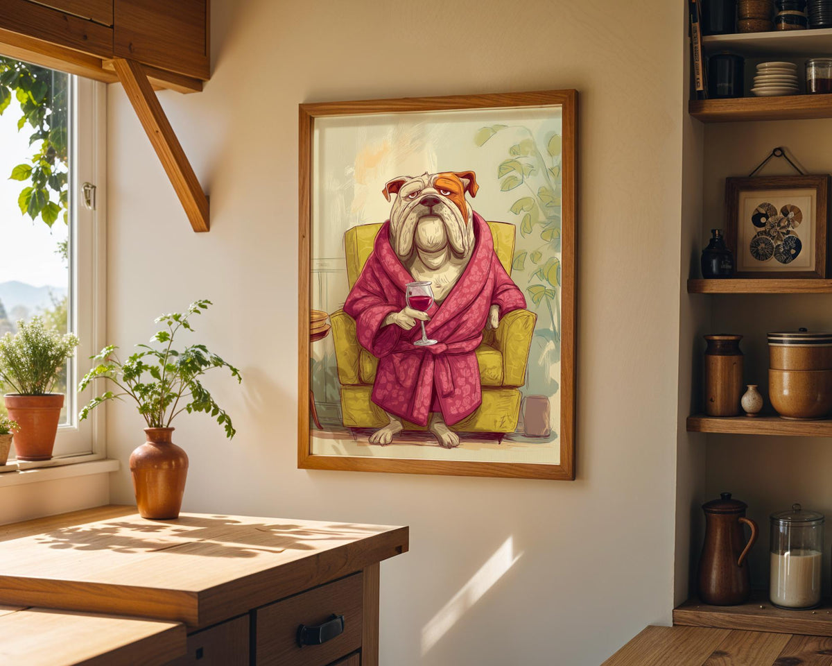 Wine Bulldog Art Print • Funny Dog Drinking Wine Wall Art • Relaxing Bulldog Illustration in Robe • Whimsical Animal Décor...