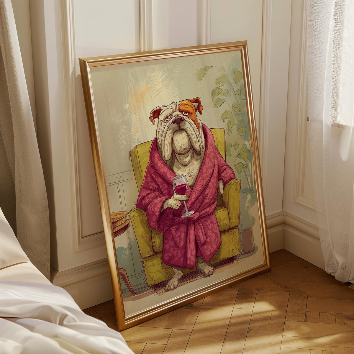 Wine Bulldog Art Print • Funny Dog Drinking Wine Wall Art • Relaxing Bulldog Illustration in Robe • Whimsical Animal Décor...