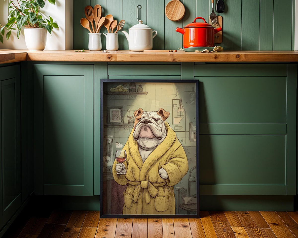 Wine Bulldog Art Print • Funny Dog Drinking Wine Wall Art • Relaxing Bulldog Illustration in Robe • Whimsical Animal Décor...