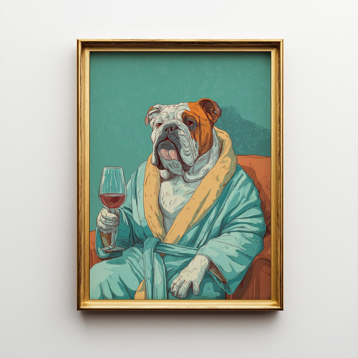 Wine Bulldog Art Print • Funny Dog Drinking Wine Wall Art • Relaxing Bulldog Illustration in Robe • Whimsical Animal Décor...