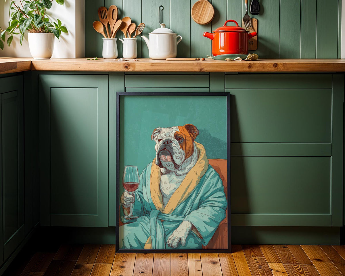 Wine Bulldog Art Print • Funny Dog Drinking Wine Wall Art • Relaxing Bulldog Illustration in Robe • Whimsical Animal Décor...