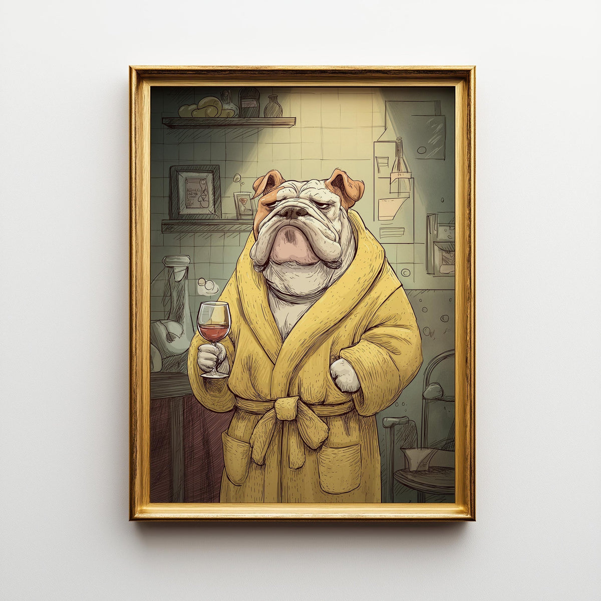 Wine Bulldog Art Print • Funny Dog Drinking Wine Wall Art • Relaxing Bulldog Illustration in Robe • Whimsical Animal Décor...