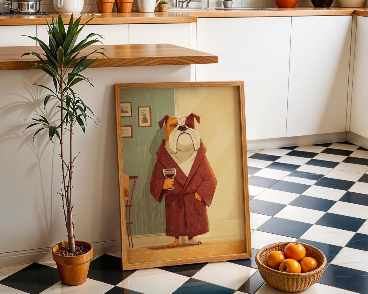 Wine Bulldog Art Print • Funny Dog Drinking Wine Wall Art • Relaxing Bulldog Illustration in Robe • Whimsical Animal Décor...