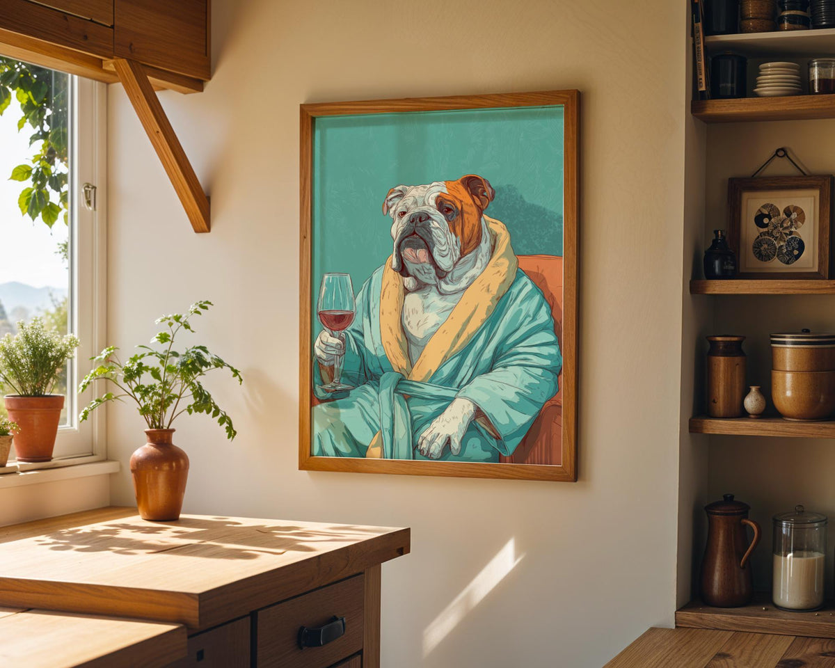 Wine Bulldog Art Print • Funny Dog Drinking Wine Wall Art • Relaxing Bulldog Illustration in Robe • Whimsical Animal Décor...