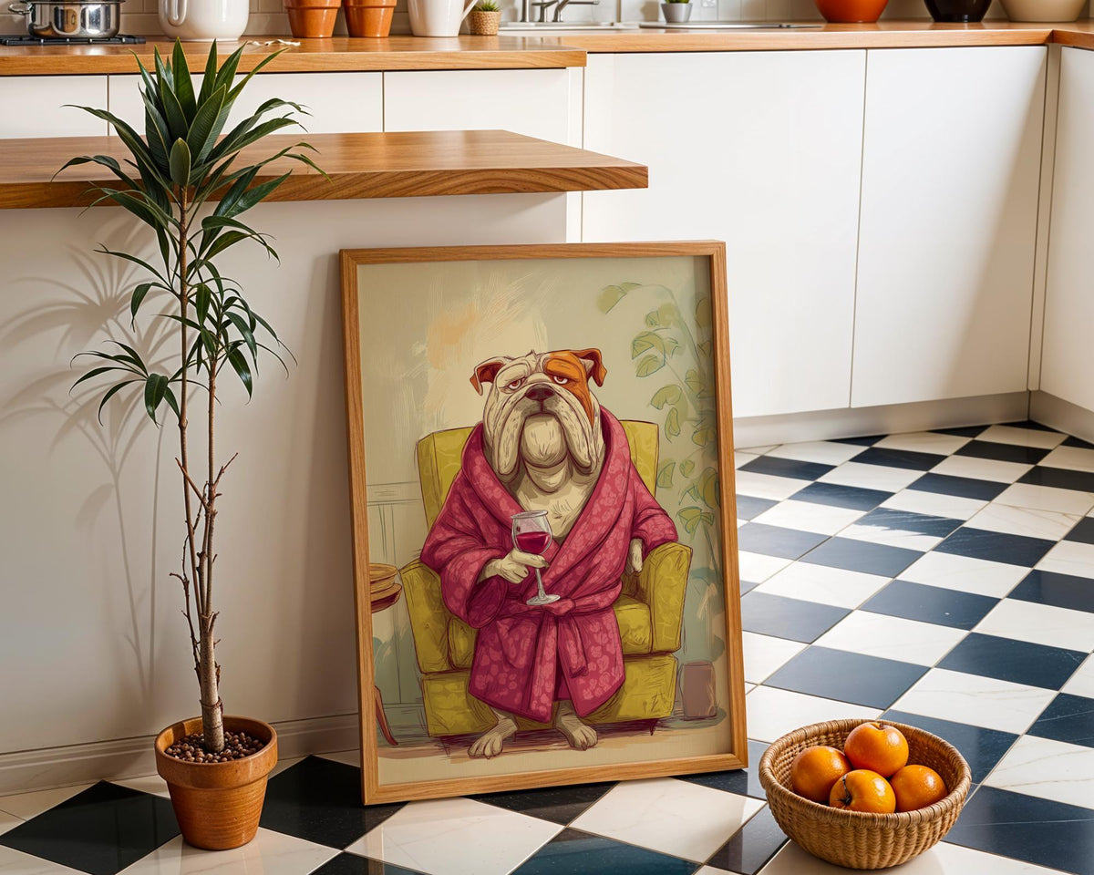 Wine Bulldog Art Print • Funny Dog Drinking Wine Wall Art • Relaxing Bulldog Illustration in Robe • Whimsical Animal Décor...
