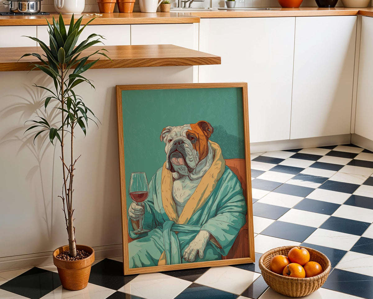 Wine Bulldog Art Print • Funny Dog Drinking Wine Wall Art • Relaxing Bulldog Illustration in Robe • Whimsical Animal Décor...