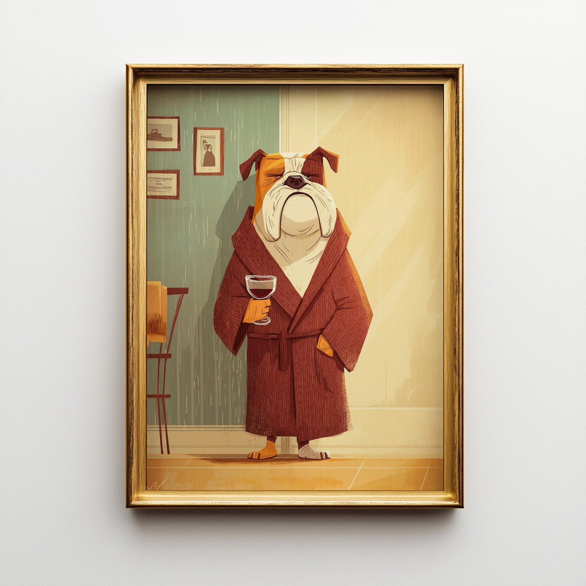 Wine Bulldog Art Print • Funny Dog Drinking Wine Wall Art • Relaxing Bulldog Illustration in Robe • Whimsical Animal Décor...