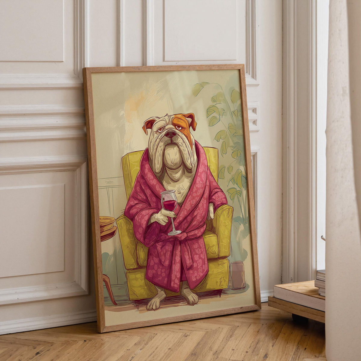 Wine Bulldog Art Print • Funny Dog Drinking Wine Wall Art • Relaxing Bulldog Illustration in Robe • Whimsical Animal Décor...