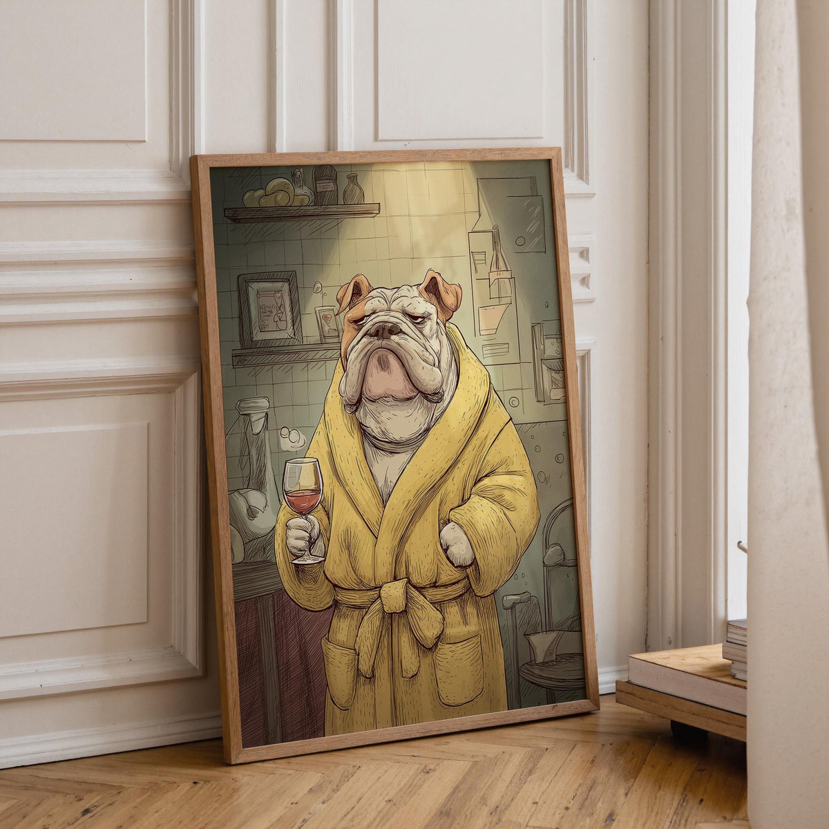 Wine Bulldog Art Print • Funny Dog Drinking Wine Wall Art • Relaxing Bulldog Illustration in Robe • Whimsical Animal Décor...