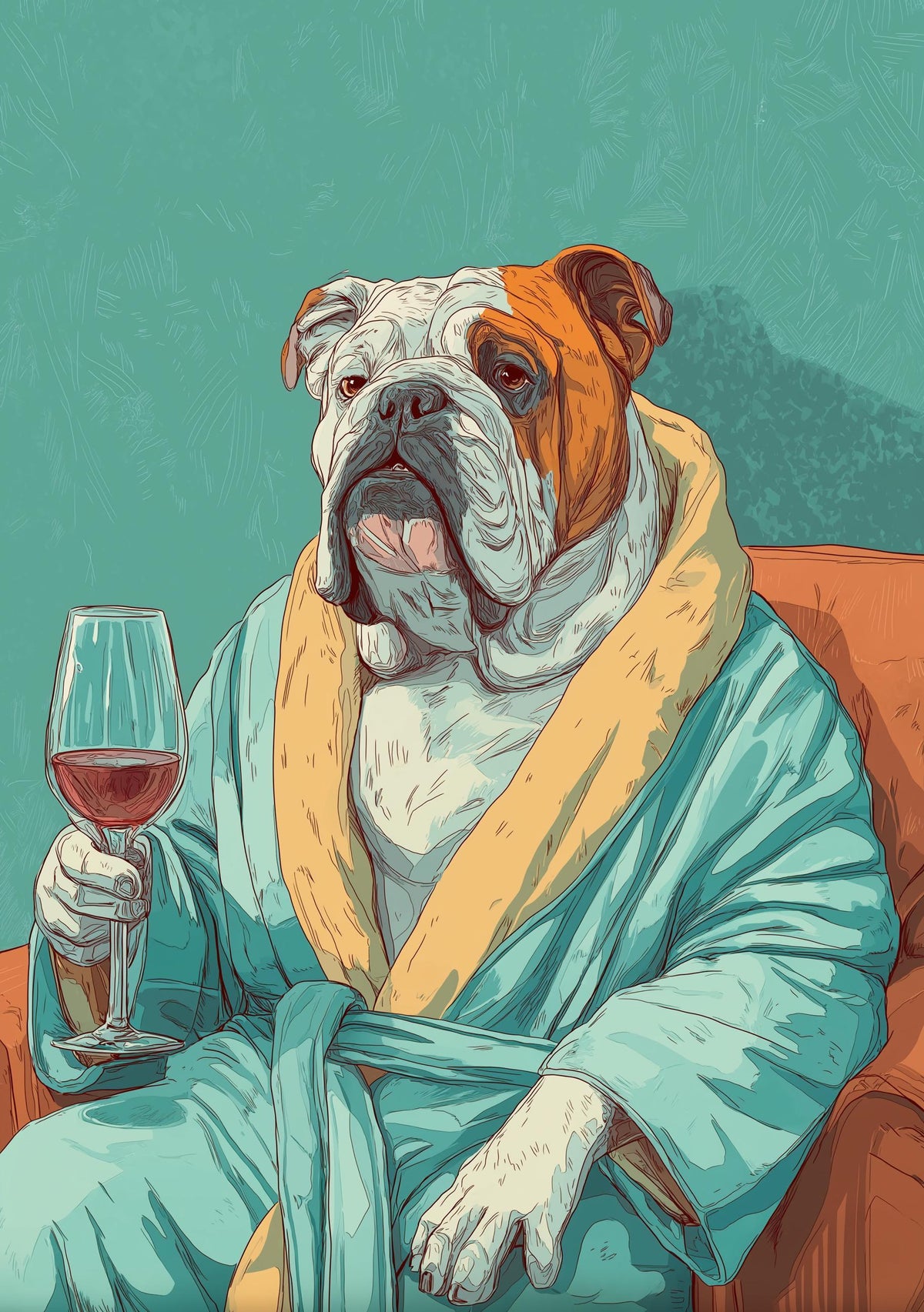 Wine Bulldog Art Print • Funny Dog Drinking Wine Wall Art • Relaxing Bulldog Illustration in Robe • Whimsical Animal Décor...