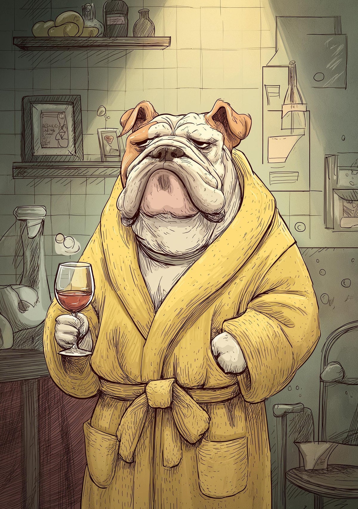 Wine Bulldog Art Print • Funny Dog Drinking Wine Wall Art • Relaxing Bulldog Illustration in Robe • Whimsical Animal Décor...