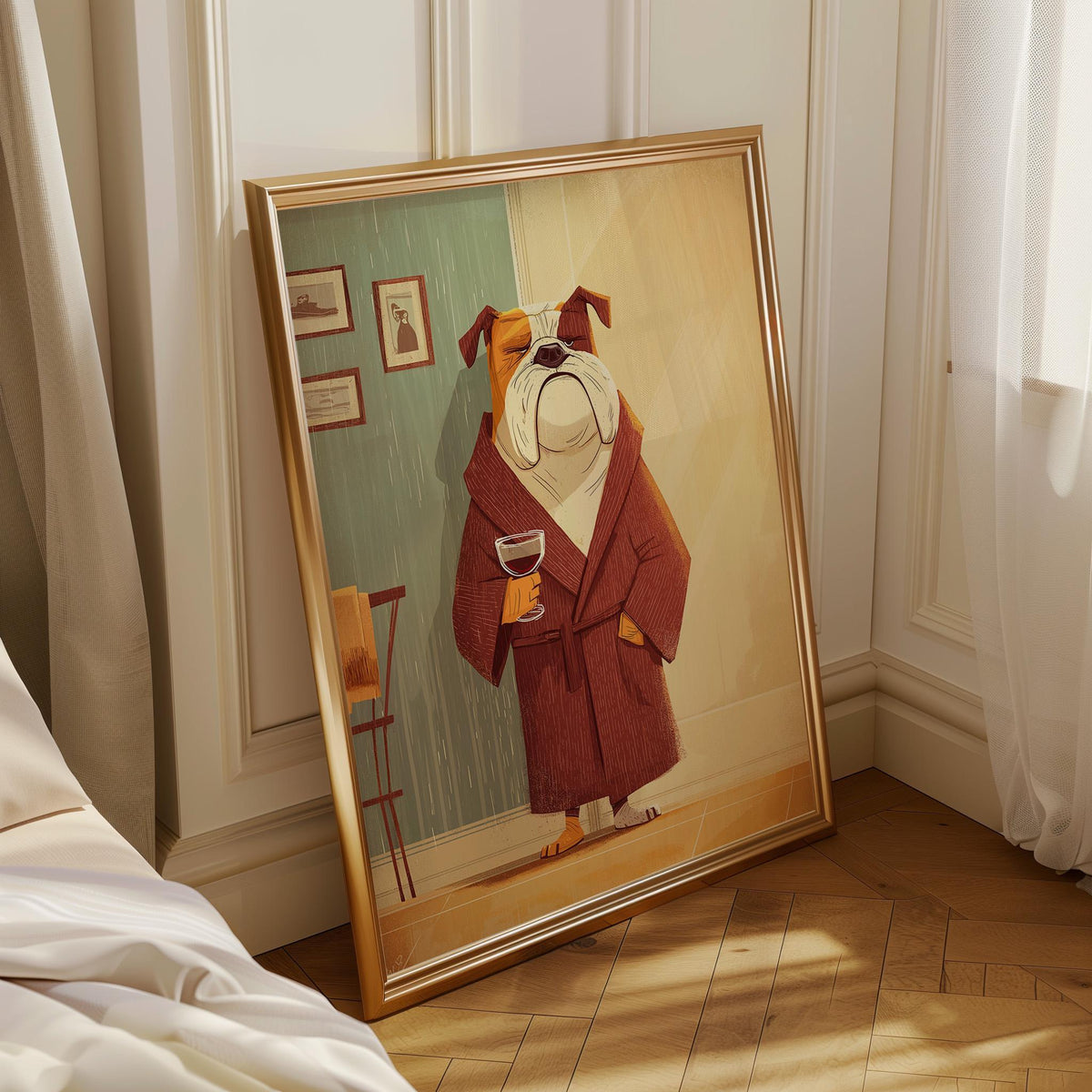 Wine Bulldog Art Print • Funny Dog Drinking Wine Wall Art • Relaxing Bulldog Illustration in Robe • Whimsical Animal Décor...
