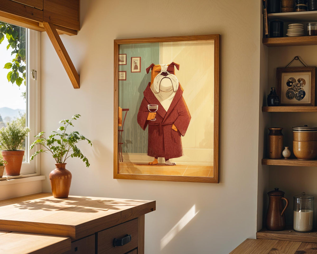 Wine Bulldog Art Print • Funny Dog Drinking Wine Wall Art • Relaxing Bulldog Illustration in Robe • Whimsical Animal Décor...