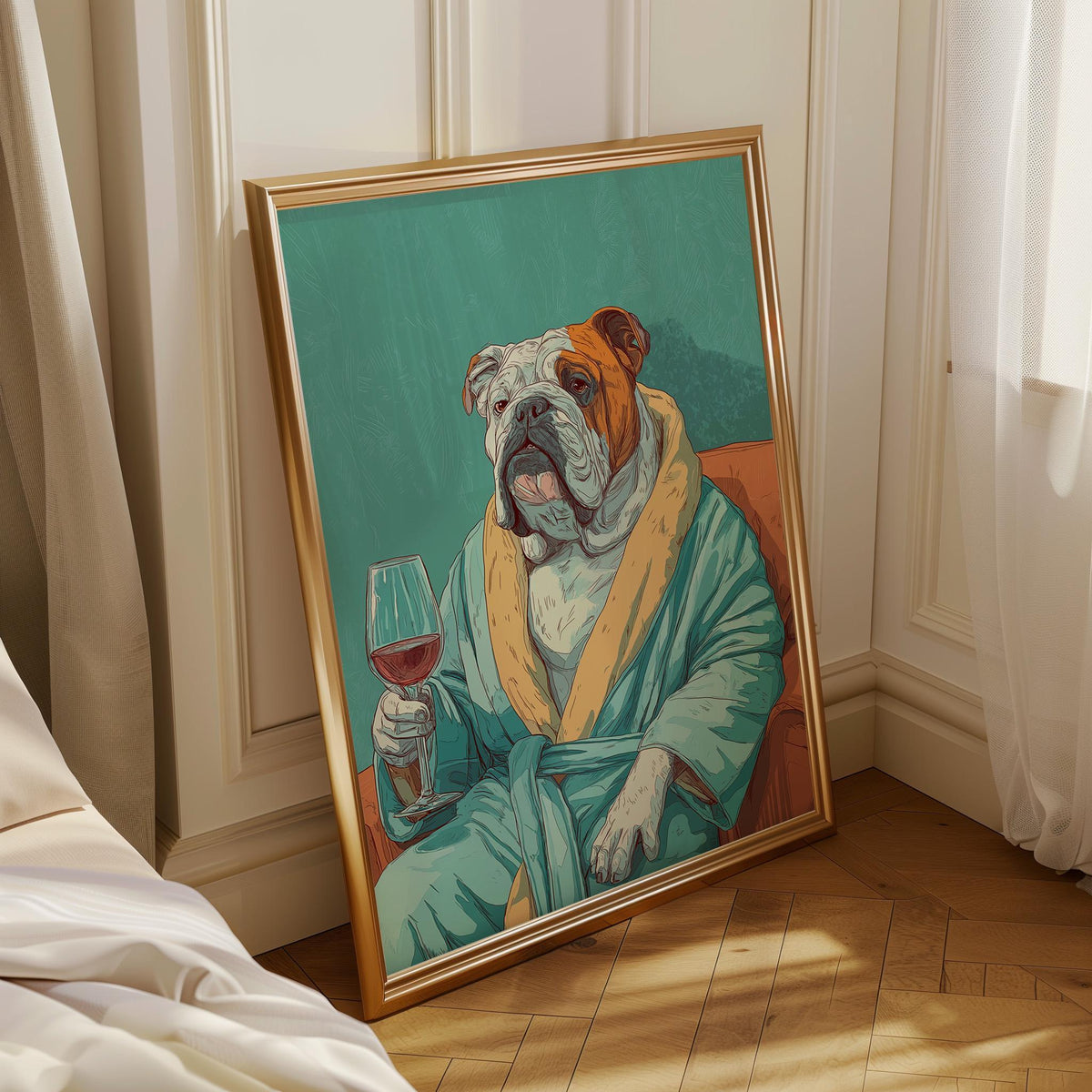 Wine Bulldog Art Print • Funny Dog Drinking Wine Wall Art • Relaxing Bulldog Illustration in Robe • Whimsical Animal Décor...