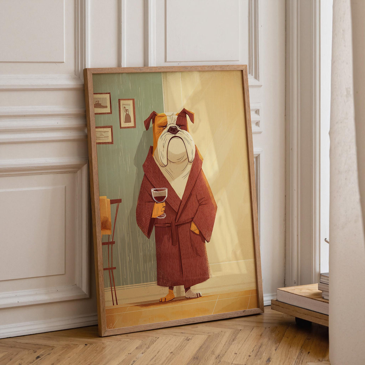 Wine Bulldog Art Print • Funny Dog Drinking Wine Wall Art • Relaxing Bulldog Illustration in Robe • Whimsical Animal Décor...