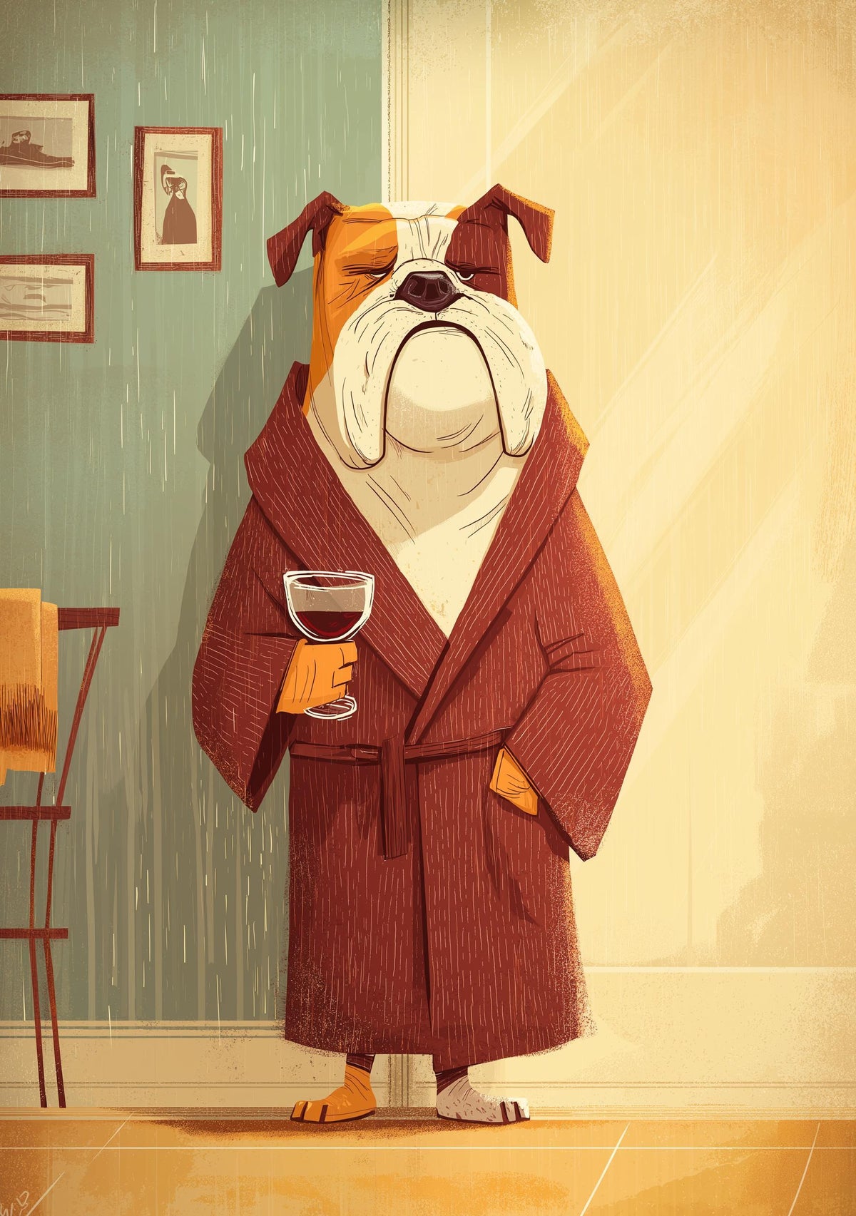 Wine Bulldog Art Print • Funny Dog Drinking Wine Wall Art • Relaxing Bulldog Illustration in Robe • Whimsical Animal Décor...
