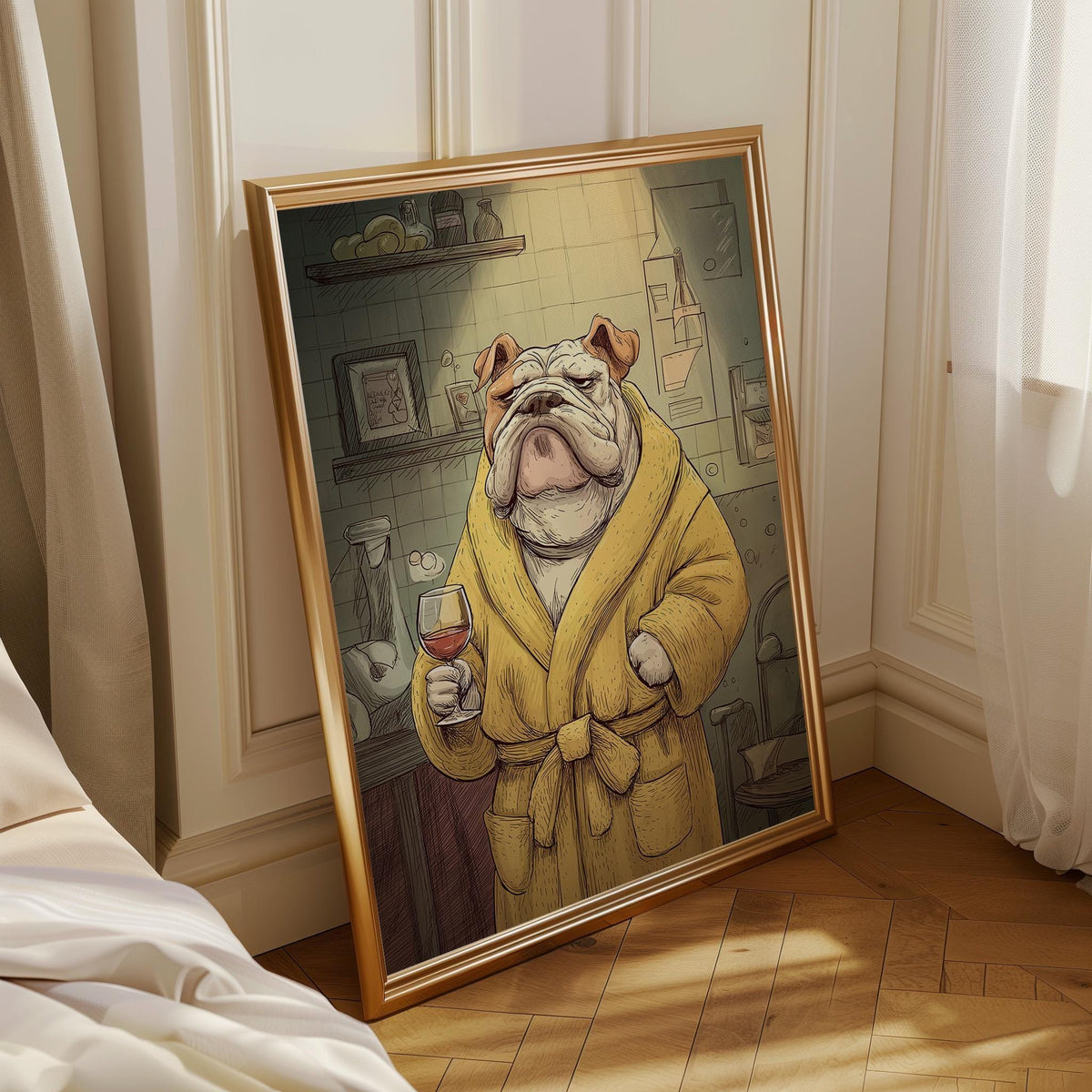 Wine Bulldog Art Print • Funny Dog Drinking Wine Wall Art • Relaxing Bulldog Illustration in Robe • Whimsical Animal Décor...