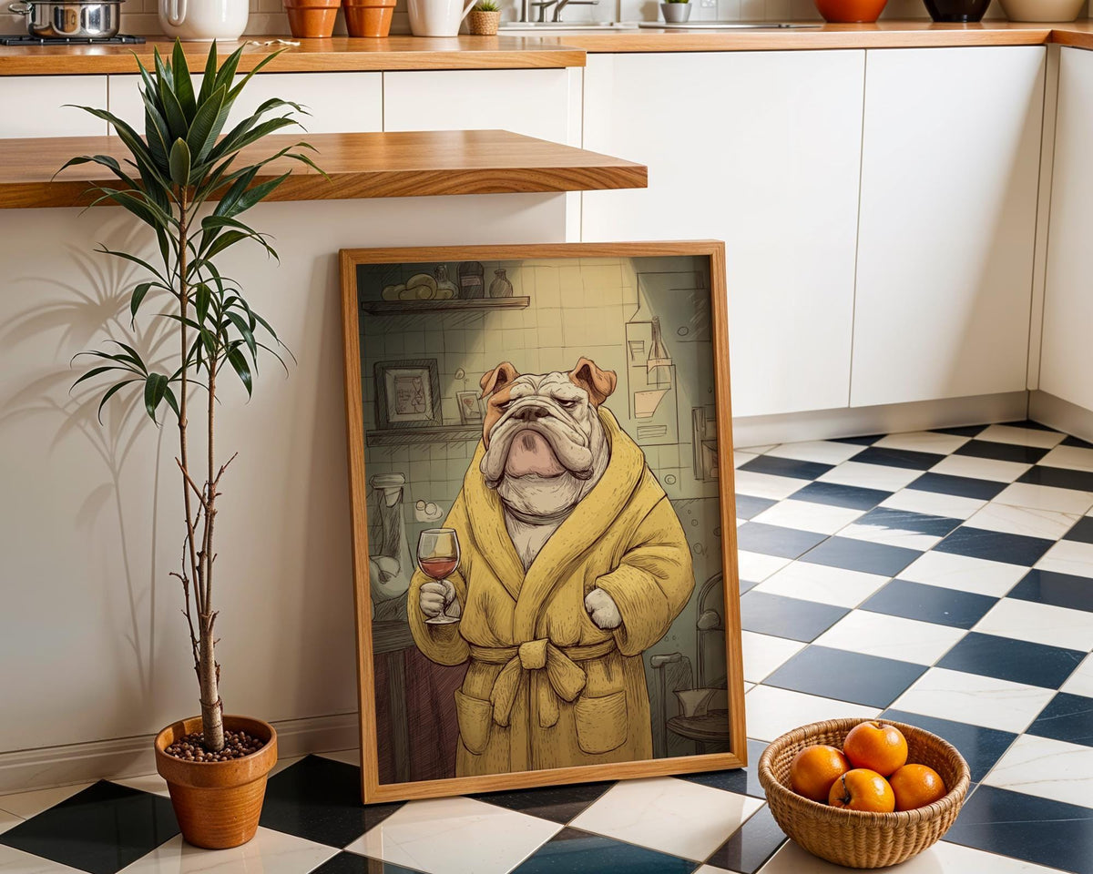 Wine Bulldog Art Print • Funny Dog Drinking Wine Wall Art • Relaxing Bulldog Illustration in Robe • Whimsical Animal Décor...