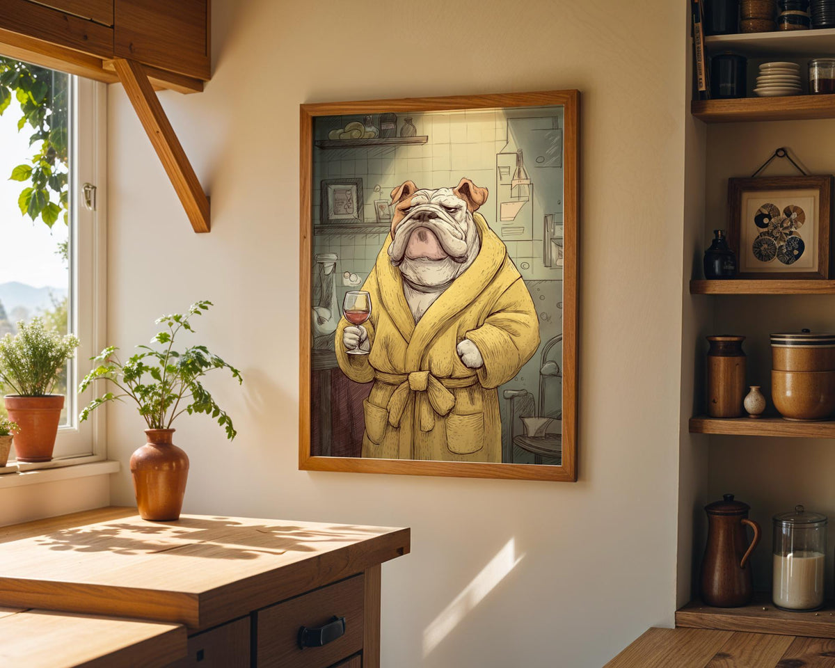 Wine Bulldog Art Print • Funny Dog Drinking Wine Wall Art • Relaxing Bulldog Illustration in Robe • Whimsical Animal Décor...