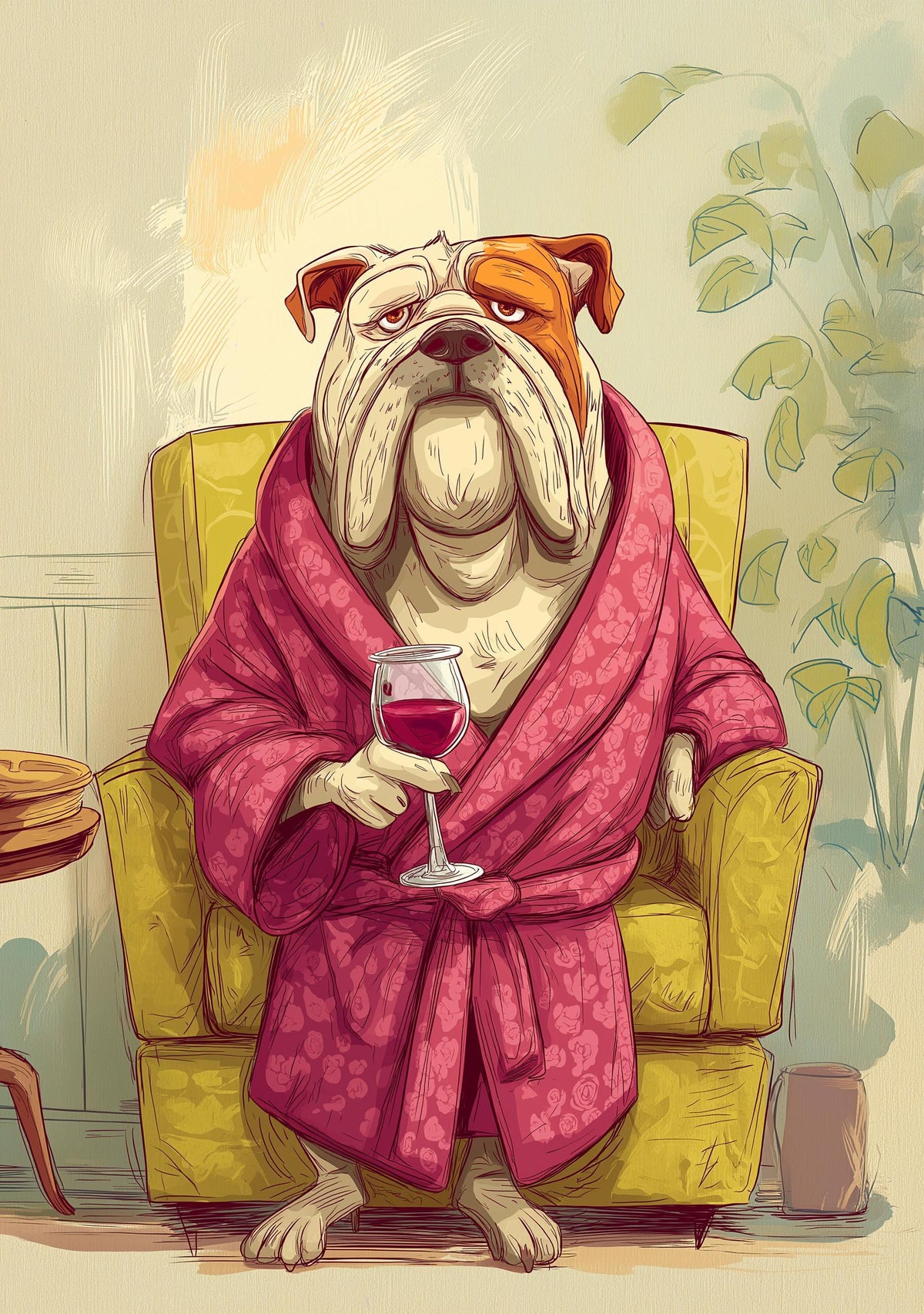 Wine Bulldog Art Print • Funny Dog Drinking Wine Wall Art • Relaxing Bulldog Illustration in Robe • Whimsical Animal Décor...