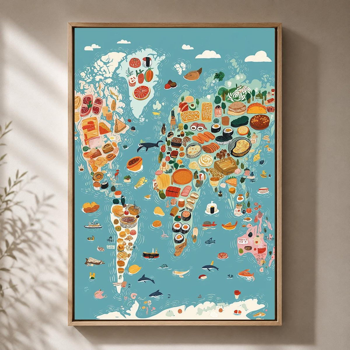 World Food Map Framed Canvas Wall Art, Culinary World Map Framed Canvas, Kitchen Decor, Travel Food Illustration, Chef Gif...