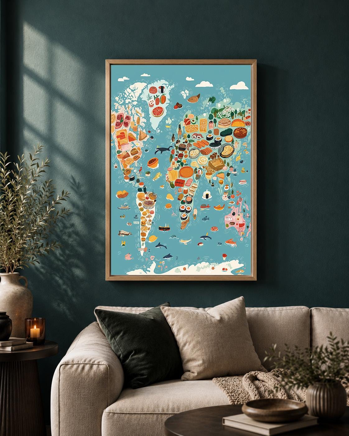 World Food Map Framed Canvas Wall Art, Culinary World Map Framed Canvas, Kitchen Decor, Travel Food Illustration, Chef Gif...