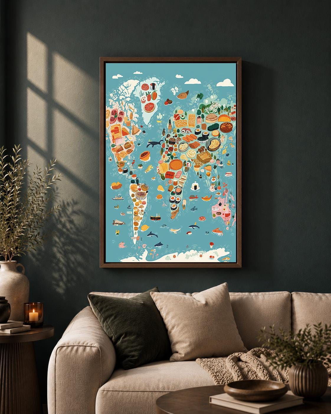 World Food Map Framed Canvas Wall Art, Culinary World Map Framed Canvas, Kitchen Decor, Travel Food Illustration, Chef Gif...