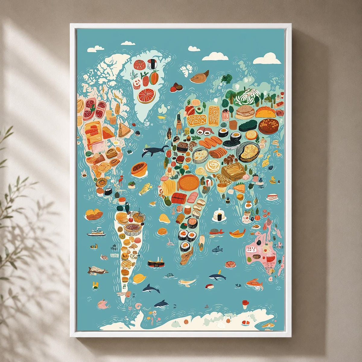 World Food Map Framed Canvas Wall Art, Culinary World Map Framed Canvas, Kitchen Decor, Travel Food Illustration, Chef Gif...