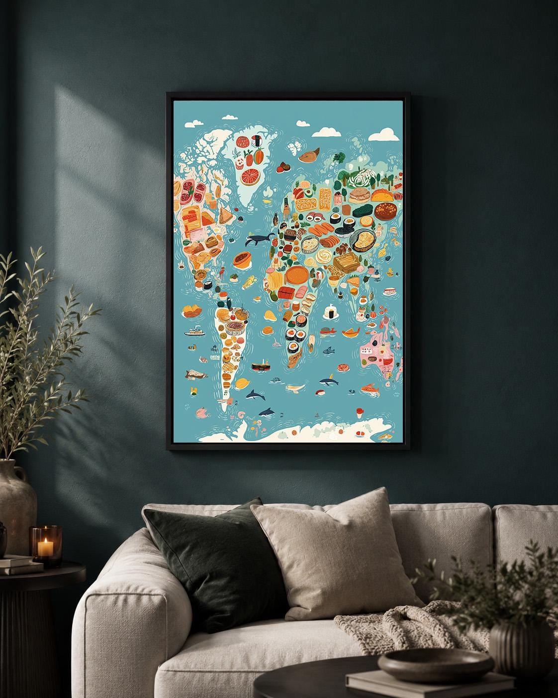 World Food Map Framed Canvas Wall Art, Culinary World Map Framed Canvas, Kitchen Decor, Travel Food Illustration, Chef Gif...